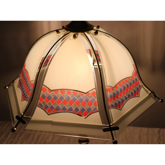 Vtg 1990s White Reverse Printed Checkered Gold Colored Bell Touch Lamp Red White - Picture 9 of 10